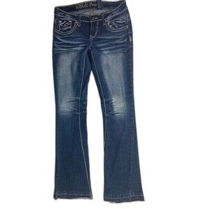 ZCO Size 7 Womens Jeans Stretch Dark Wash Low Rise Flare Raw Hem